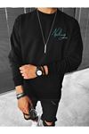 Unisex Oversize Nothing Baskı Bisiklet Yaka Siyah Sweatshirt