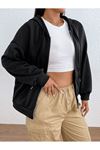 Basic Düz Hırka -Siyah Oversize Kapüşonlu