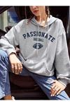 Passionate Baseball Sweatshirt - Gri Baskılı Oversize Kapüşonlu