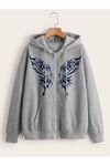 Butterfly Graphic Hırka - Gri Baskılı Oversize Kapüşonlu