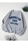 Brooklyn 1631 Sweatshirt - Gri Baskılı Oversize Kalın Kışlık Bisiklet Yaka