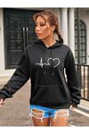 Kadın Kalp Çizgi Baskılı Oversize Kapşonlu Sweatshirt