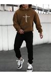 Blessed Eşofman Takımı Sweatshirt Jogger - Kahverengi Siyah Baskılı Şardonlu Kapüşonlu