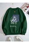 Spiritual Çizgi Figür Sweatshirt - Nefti Yeşil Baskılı Oversize Kalın Kışlık Bisiklet Yaka