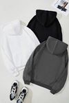 3'Lü Düz Basic Kalın Kışlık Sweatshirt - Siyah Beyaz Füme Oversize Kapüşonlu