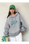 Nice Sweatshirt - Gri Baskılı Oversize Kapüşonlu