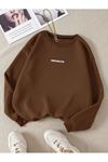 Brooklyn Minimal Sweatshirt - Kahverengi Baskılı Oversize Kalın Kışlık Bisiklet Yaka