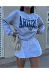Arizona Yazılı Sweatshirt - Gri Baskılı Oversize Bisiklet Yaka