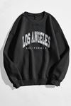 Los Angeles Yazı Tasarım Sweatshirt - Siyah Baskılı Oversize Kalın Kışlık Bisiklet Yaka
