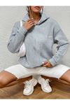 Los Angeles Minimal Sweatshirt - Gri Baskılı Oversize Kapüşonlu