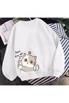 Tatlı Kedi Tasarım Sweatshirt - Beyaz Baskılı Oversize Kalın Kışlık Bisiklet Yaka