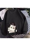 Tatlı Kedi Tasarım Sweatshirt - Siyah Baskılı Oversize Kalın Kışlık Bisiklet Yaka