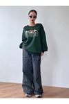 Transition Sweatshirt - Yeşil Baskılı Oversize Kalın Kışlık Bisiklet Yaka