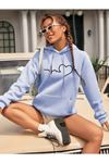 Kadın Kalp Çizgi Baskılı Oversize Bebe Mavi Kapşonlu Sweatshirt