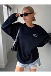 Energetic Sweatshirt - Lacivert Baskılı Oversize Kalın Kışlık Bisiklet Yaka