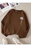 Çiçek Desen Sweatshirt - Kahverengi Baskılı Oversize Kalın Kışlık Bisiklet Yaka