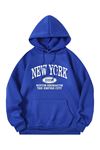 New York Queens Sweatshirt - Sax Mavi Baskılı Oversize Kapüşonlu