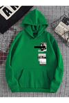 New Moment Sweatshirt - Yeşil Baskılı Oversize Kapüşonlu