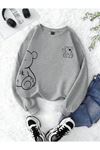 Ok Bear Sweatshirt - Gri Baskılı Oversize Kalın Kışlık Bisiklet Yaka