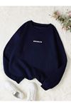 Brooklyn Minimal Sweatshirt - Lacivert Baskılı Oversize Kalın Kışlık Bisiklet Yaka