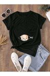 Hamile Gebe T-shirt Bebek Fermuar Baskılı - Siyah Bisiklet Yaka Oversize Tişört