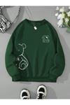 Ok Bear Sweatshirt - Yeşil Baskılı Oversize Kalın Kışlık Bisiklet Yaka