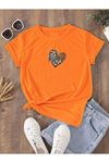 Hamile Gebe T-shirt Mama Kalp Baskılı - Turuncu Bisiklet Yaka Oversize Tişört