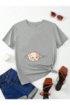 Hamile Gebe T-shirt Bebek Fermuar Baskılı - Gri Bisiklet Yaka Oversize Tişört