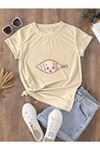 Hamile Gebe T-shirt Bebek Fermuar Baskılı - Vizon Bisiklet Yaka Oversize Tişört