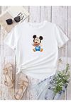 Hamile Gebe T-shirt Bebek Mickey Mouse Baskılı - Beyaz Bisiklet Yaka Oversize Tişört