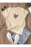 Hamile Gebe T-shirt Mama Kalp Baskılı - Vizon Bisiklet Yaka Oversize Tişört