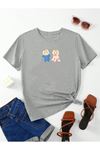 Hamile Gebe T-shirt Çocuklar Baskılı - Gri Bisiklet Yaka Oversize Tişört