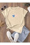 Hamile Gebe T-shirt Çocuklar Baskılı - Vizon Bisiklet Yaka Oversize Tişört