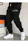 New York 199x Eşofman Altı Jogger - Siyah Baskılı Lastik Paça Yüksek Bel