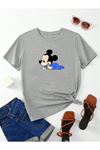 Hamile Gebe T-shirt Emekleyen Mickey Mouse Baskılı - Gri Bisiklet Yaka Oversize Tişört