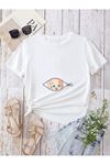 Hamile Gebe T-shirt Bebek Fermuar Baskılı - Beyaz Bisiklet Yaka Oversize Tişört