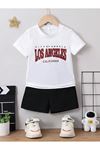 Los Angeles Çocuk Takım - Beyaz T-shirt Siyah Şort Baskılı Kız Erkek Çocuk Yazlık Bisiklet Yaka