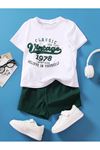 Vintage Pamuklu Çocuk Takım - Beyaz T-shirt Nefti Şort Baskılı Kız Erkek Çocuk Yazlık Bisiklet Yaka