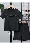 Losangeles Baskılı Pamuk Siyah Çocuk Şort T-shirt Takım - Kız Erkek Çocuk Yazlık Bisiklet Yaka