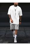 Dikey T-shirt Şort - Beyaz Gri Alt Üst Kombin Şort Tişört Takım Baskılı Oversize Bisiklet Yaka
