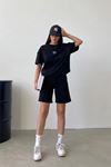 Ugly T-shirt Şort - Siyah Alt Üst Kombin Şort Tişört Takım Baskılı Oversize Bisiklet Yaka