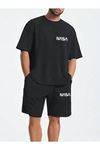 Nasa Logo T-shirt Şort - Siyah Alt Üst Kombin Şort Tişört Takım Baskılı Oversize Bisiklet Yaka