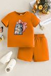 Minik Kedi Baskılı Turuncu Çocuk Şort T-shirt Takım - Kız Erkek Çocuk Yazlık Bisiklet Yaka