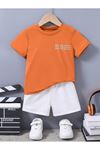 Ideal Pamuklu Çocuk Takım - Turuncu T-shirt Beyaz Şort Baskılı Kız Erkek Çocuk Yazlık Bisiklet Yaka