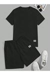 Never Life T-shirt Şort - Siyah Alt Üst Kombin Şort Tişört Takım Baskılı Oversize Bisiklet Yaka
