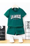 Los Angeles Cıtyofangels Baskılı Nefti Yeşil Çocuk Şort T-shirt Takım-çocuk Yazlık Bisiklet Yaka