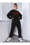 Smile Eşofman Takımı Sweatshirt Jogger - Siyah Baskılı Oversize Şardonlu Kapüşonlu