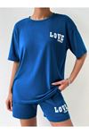 Love Yourself T-shirt Şort - Saks Mavi Alt Üst Kombin Şort Tişört Takım Baskılı Bisiklet Yaka