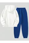 Los Angeles Eşofman Takımı Beyaz Sweatshirt Sax Mavi Jogger - Baskılı Oversize Şardonlu Kapüşonlu