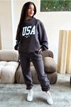 Usa Eşofman Takımı Sweatshirt Jogger - Füme Baskılı Oversize Şardonlu Kapüşonlu